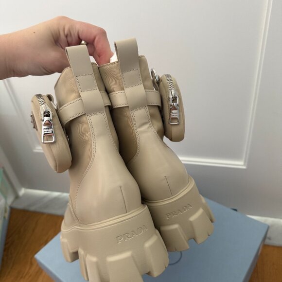 Prada Monolith Platform Combat Boots Re-nylon Leather In Deserto Pouch Pockets - Picture 11 of 12